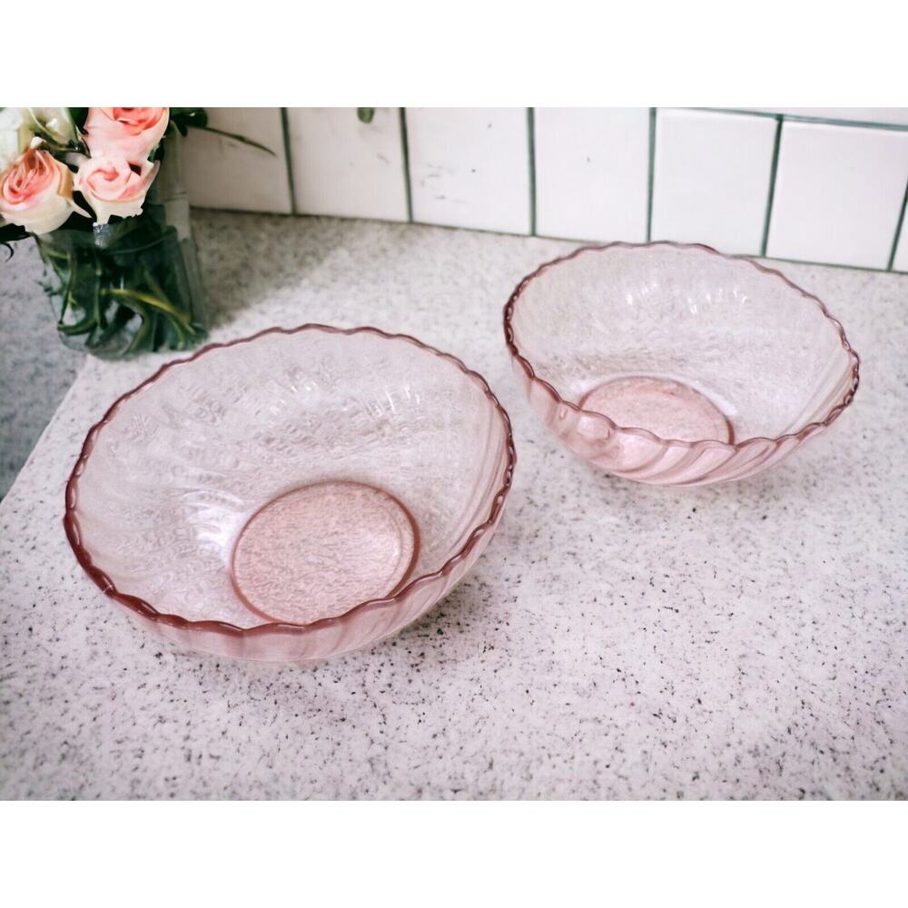 Vintage Arcoroc France Pink Rosaline Swirl Small Bowls Set Of 2 Glass Bowls